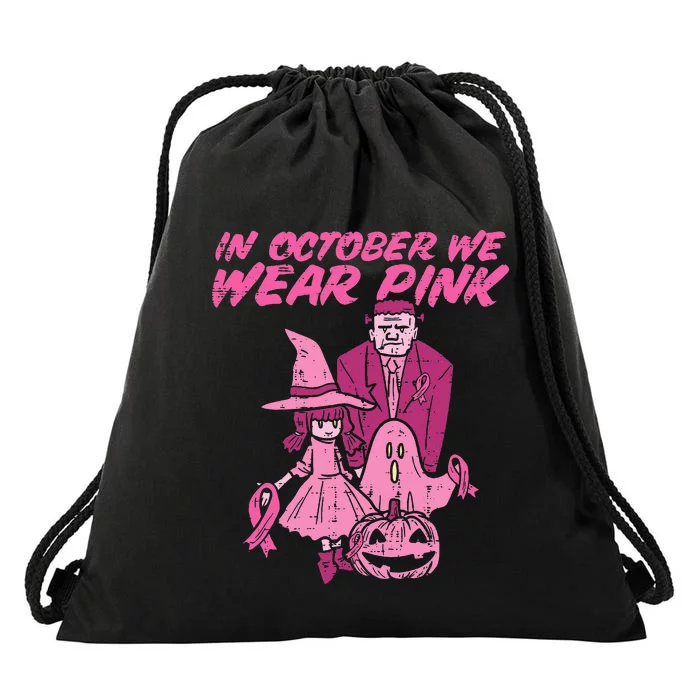 In October We Wear Pink Witch Ghost Breast Cancer Awareness Drawstring Bag