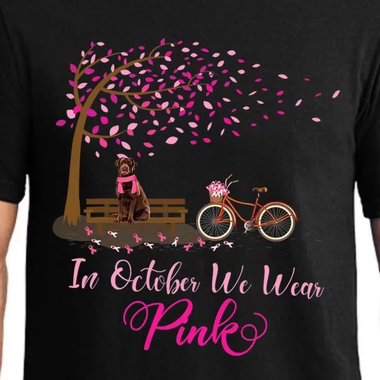 In October We Wear Pink Labrador Fall Leaves Breast Cancer Gift Pajama Set