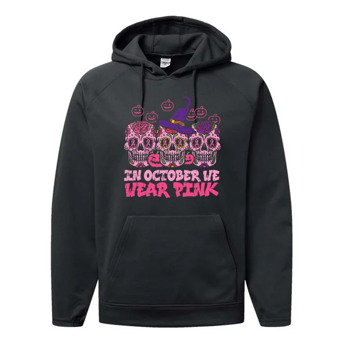 In October We Wear Pink Sugar Skull Halloween Breast Cancer Performance Fleece Hoodie