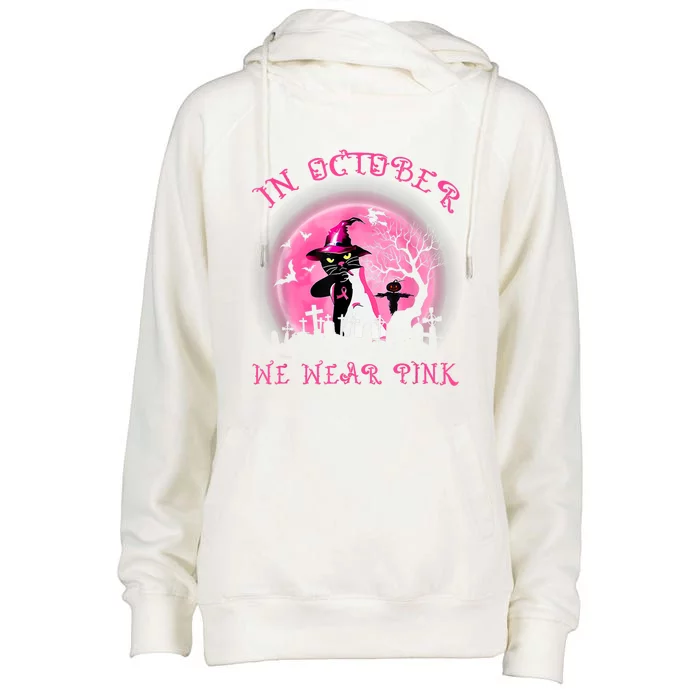 In October We Wear Pink Cat Witch Breast Cancer Halloween Womens Funnel Neck Pullover Hood