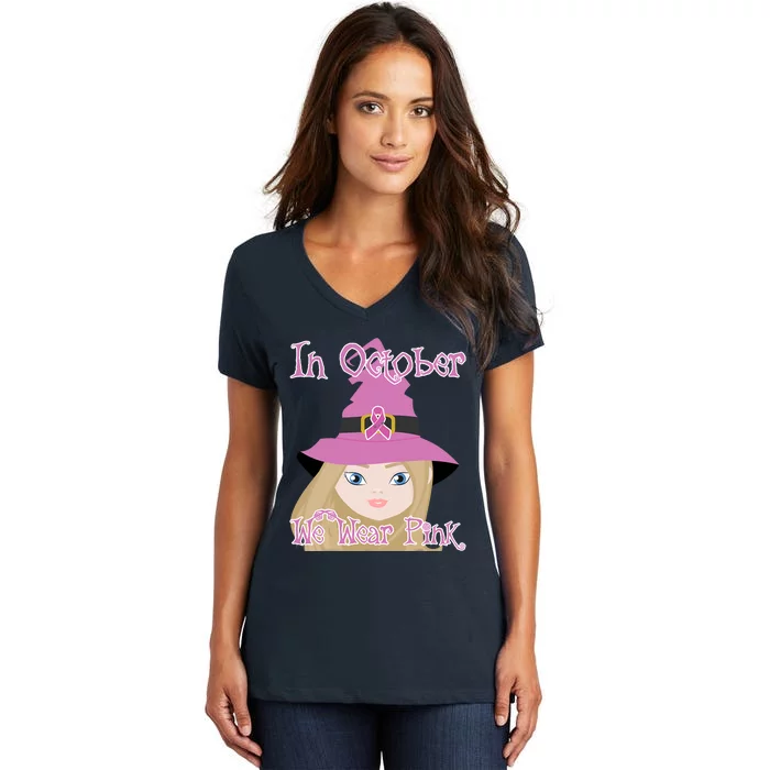 In October We Wear Pink Halloween Witch Breast Cancer Ribbon Women's V-Neck T-Shirt