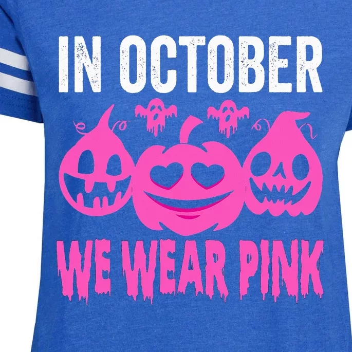 In October We Wear Pink Breast Cancer Pumpkin Halloween Enza Ladies Jersey Football T-Shirt