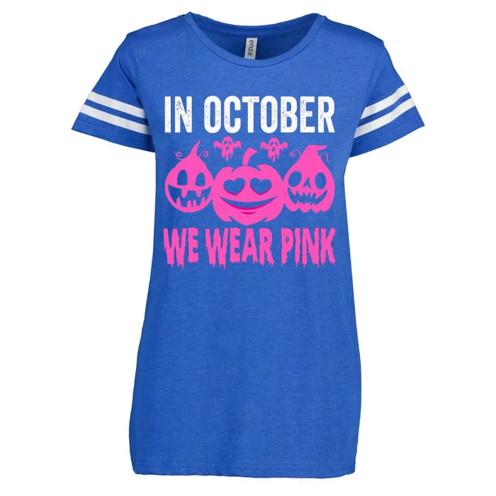 In October We Wear Pink Breast Cancer Pumpkin Halloween Enza Ladies Jersey Football T-Shirt