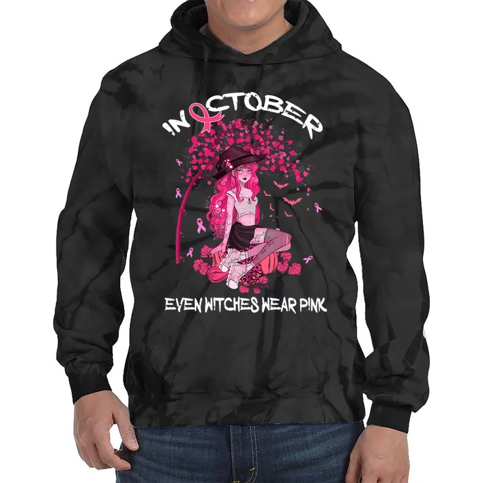 In October We Wear Pink Halloween Witch Breast Cancer Tie Dye Hoodie