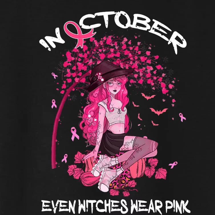 In October We Wear Pink Halloween Witch Breast Cancer Women's Crop Top Tee