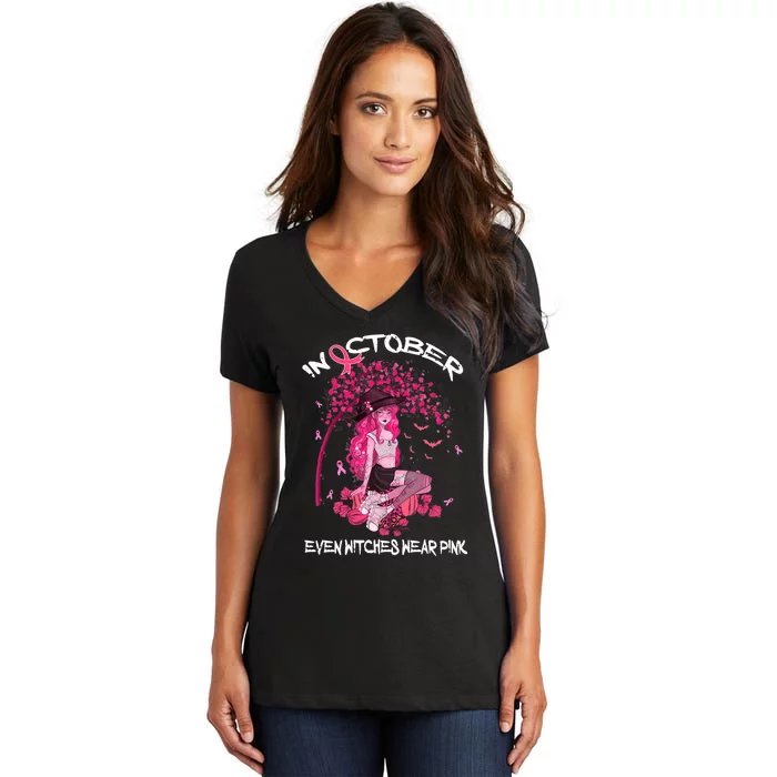 In October We Wear Pink Halloween Witch Breast Cancer Women's V-Neck T-Shirt