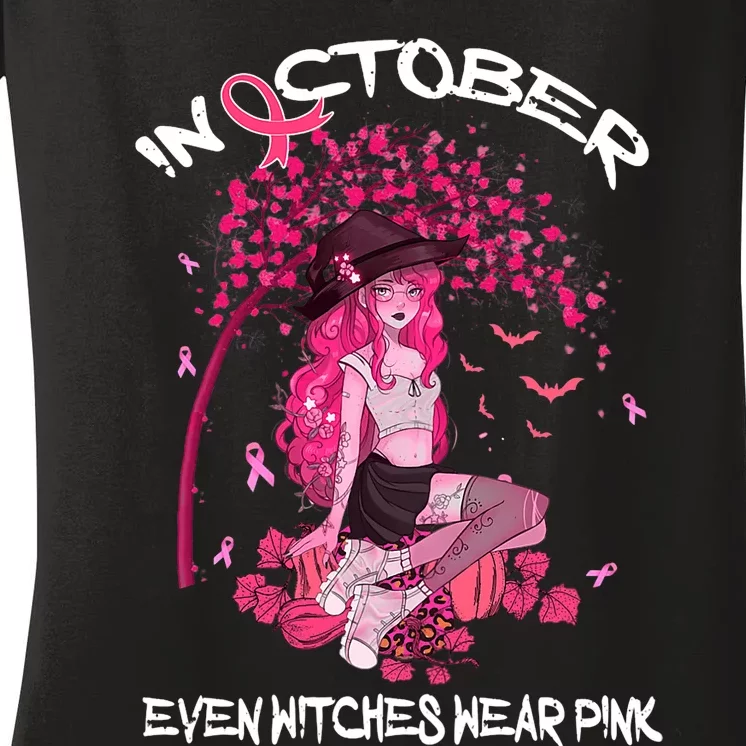 In October We Wear Pink Halloween Witch Breast Cancer Women's V-Neck T-Shirt