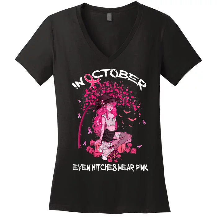 In October We Wear Pink Halloween Witch Breast Cancer Women's V-Neck T-Shirt