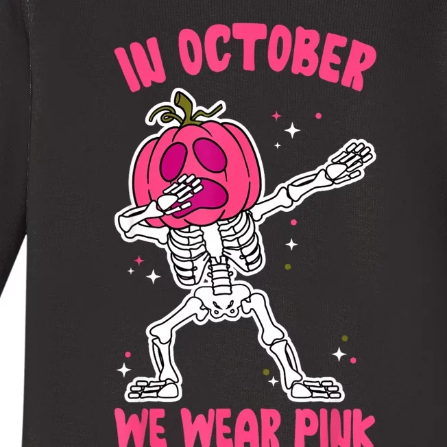 In October We Wear Pink Breast Cancer Pumpkin Halloween Baby Long Sleeve Bodysuit