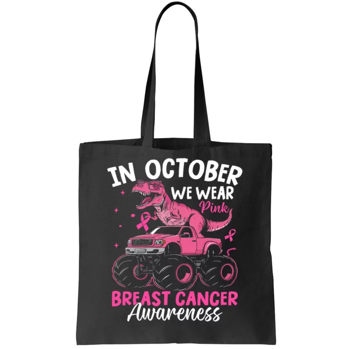 In October We Wear Breast Cancer Awareness Dinosaur Tote Bag