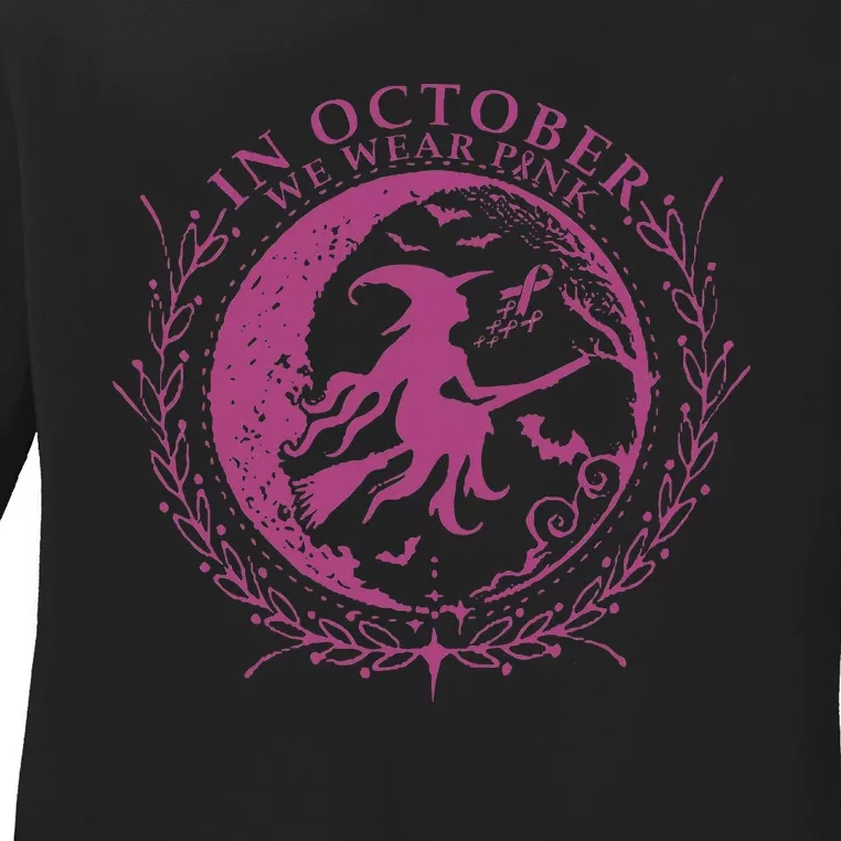 In October We Wear P.I.N.K Witch Breast Cancer Halloween Ladies Long Sleeve Shirt