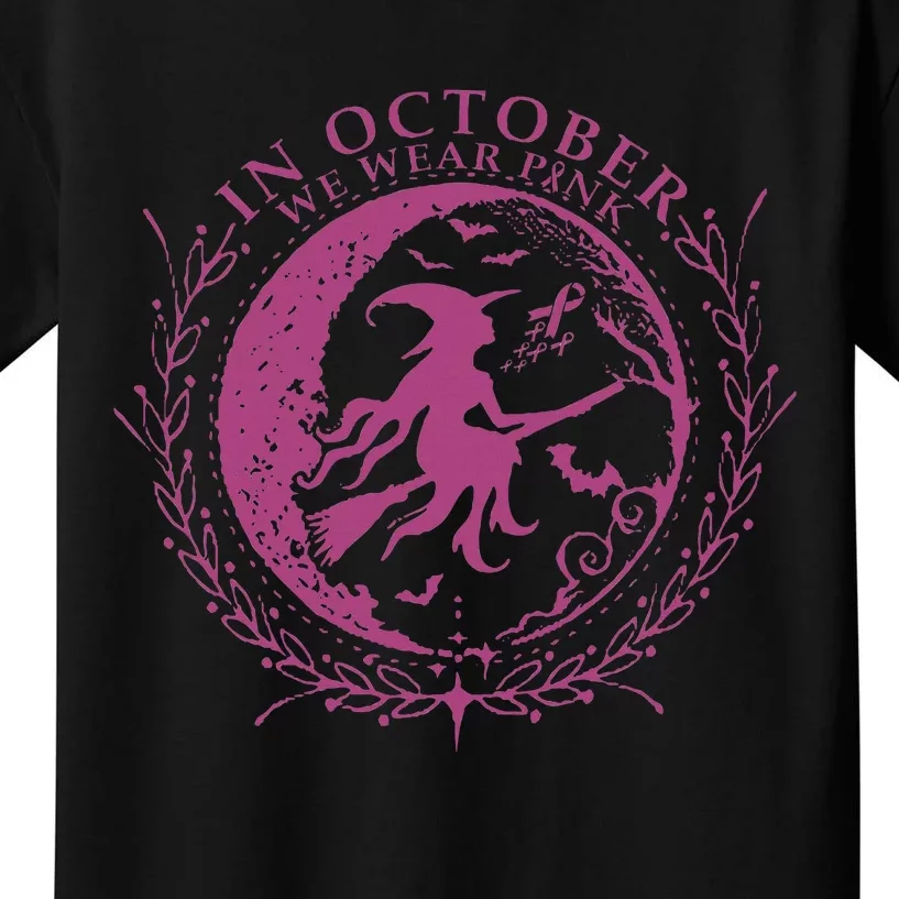 In October We Wear P.I.N.K Witch Breast Cancer Halloween Kids T-Shirt