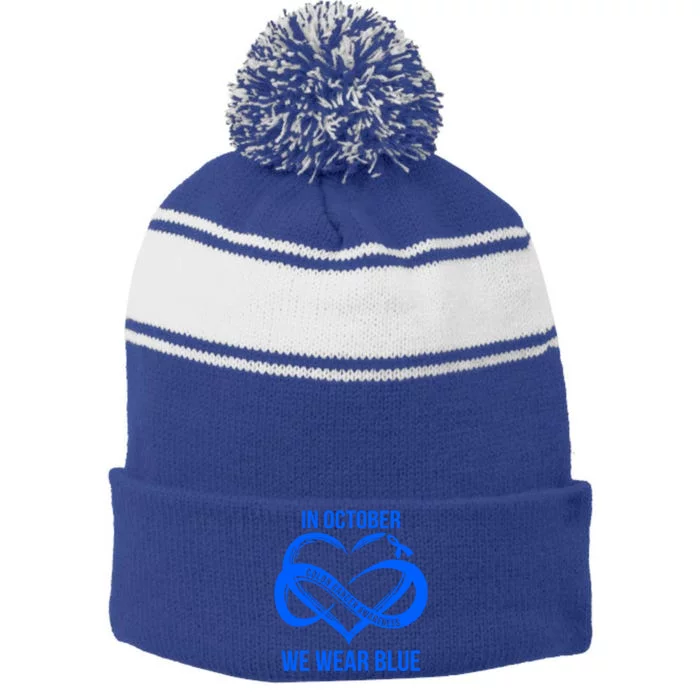 In October We Wear Blue For Colon Cancer Awareness Gift Stripe Pom Pom Beanie