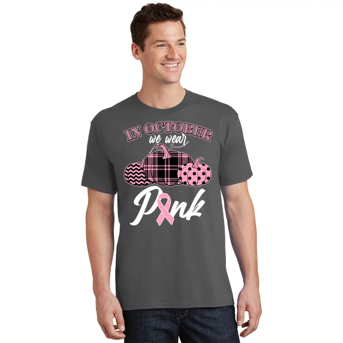 In October We Wear Pink Pattern Pumpkins Breast Cancer Awareness T-Shirt