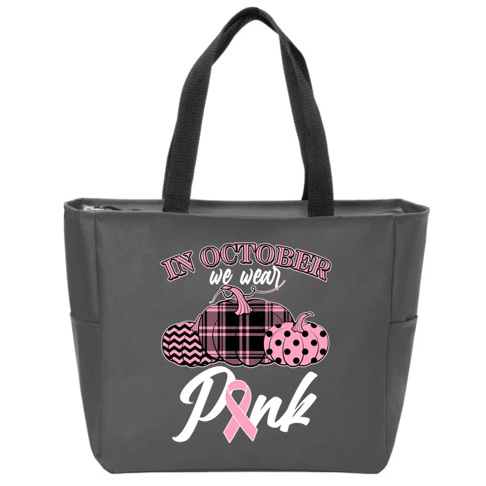 In October We Wear Pink Pattern Pumpkins Breast Cancer Awareness Zip Tote Bag