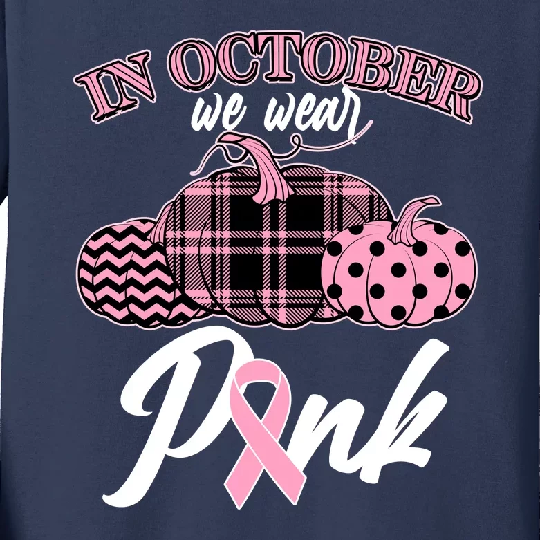 In October We Wear Pink Pattern Pumpkins Breast Cancer Awareness Kids Long Sleeve Shirt