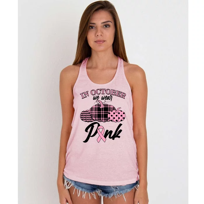 In October We Wear Pink Pattern Pumpkins Breast Cancer Awareness Women's Knotted Racerback Tank