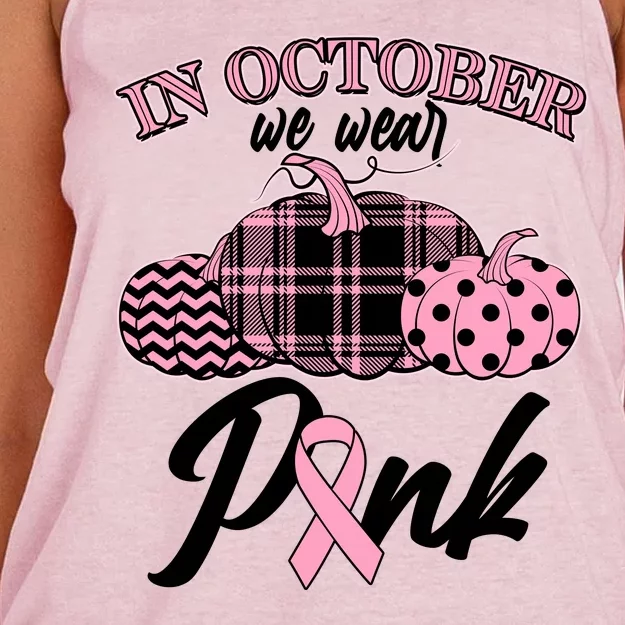 In October We Wear Pink Pattern Pumpkins Breast Cancer Awareness Women's Knotted Racerback Tank