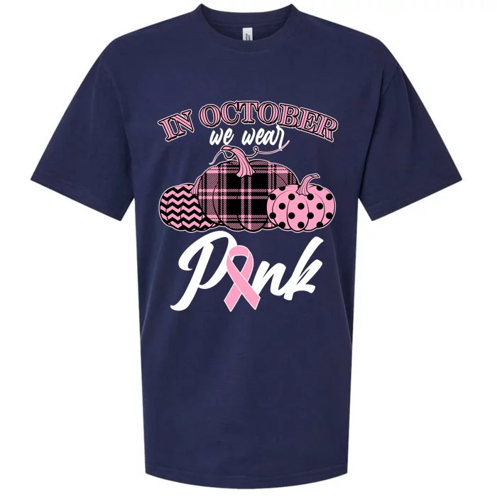 In October We Wear Pink Pattern Pumpkins Breast Cancer Awareness Sueded Cloud Jersey T-Shirt