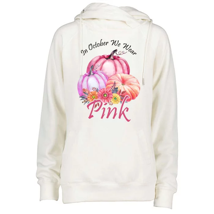 In October We Wear Pink Pumpkin Floral Breast Cancer Womens Funnel Neck Pullover Hood