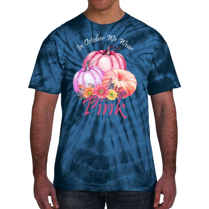 In October We Wear Pink Pumpkin Floral Breast Cancer Tie-Dye T-Shirt