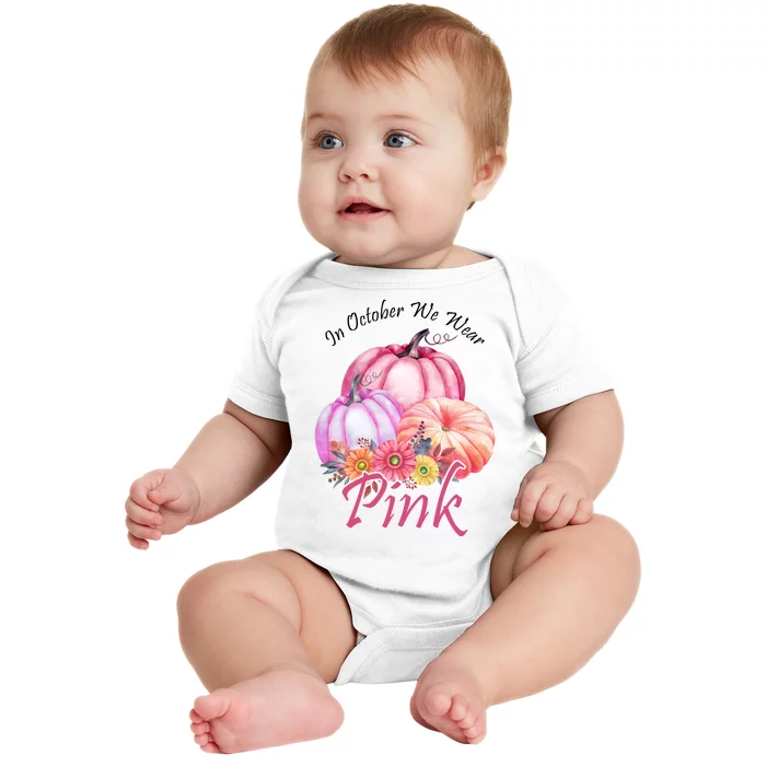 In October We Wear Pink Pumpkin Floral Breast Cancer Baby Bodysuit