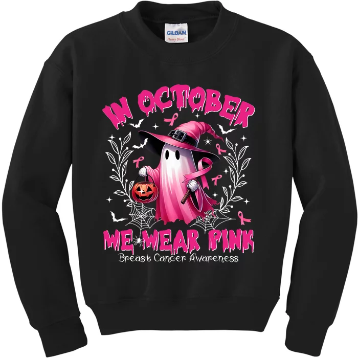 In October We Wear P.I.N.K Ghost Witch Breast Cancer Awareness Kids Sweatshirt