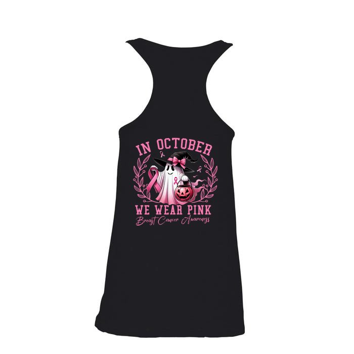 In October We Wear Pink Ghost Trick Or Treat Breast Cancer Front And Back Front & Back Ladies Essential Flowy Tank