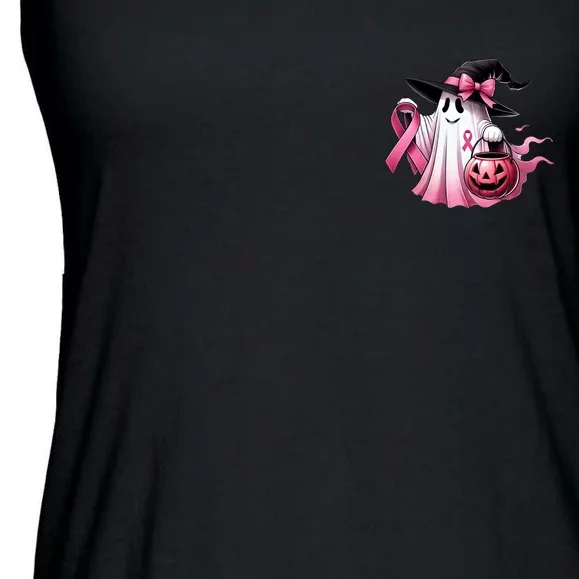 In October We Wear Pink Ghost Trick Or Treat Breast Cancer Front And Back Front & Back Ladies Essential Flowy Tank