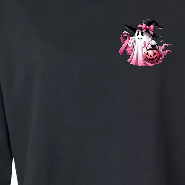 In October We Wear Pink Ghost Trick Or Treat Breast Cancer Front And Back Front & Back Cropped Pullover Crew