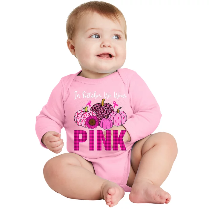 In October We Wear Pink Ribbon Leopard Pumpkin Breast Cancer Baby Long Sleeve Bodysuit