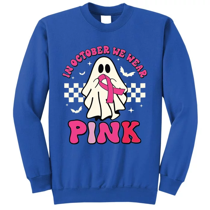 In October We Wear Breast Cancer Groovy Ghost Halloween Tall Sweatshirt