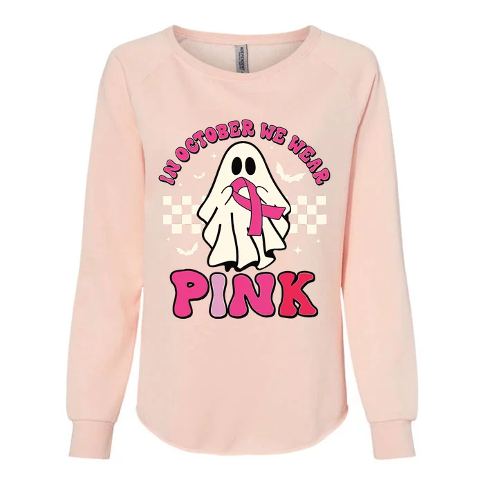 In October We Wear Breast Cancer Groovy Ghost Halloween Womens California Wash Sweatshirt