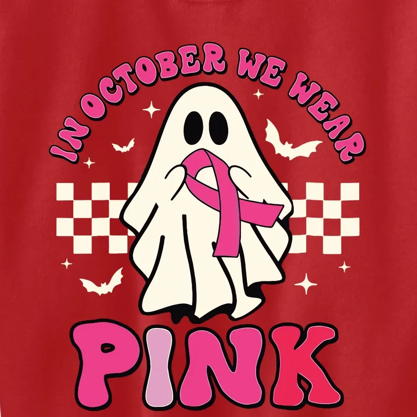 In October We Wear Breast Cancer Groovy Ghost Halloween Kids Sweatshirt