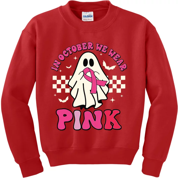 In October We Wear Breast Cancer Groovy Ghost Halloween Kids Sweatshirt