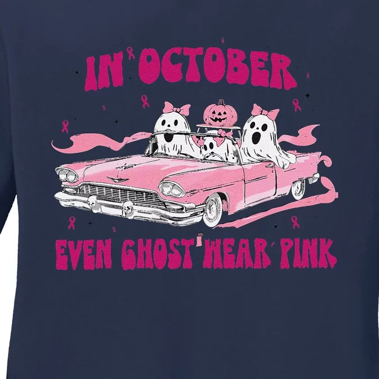 In October We Wear Pin.K Breast Cancer Women Ghost Halloween Ladies Long Sleeve Shirt