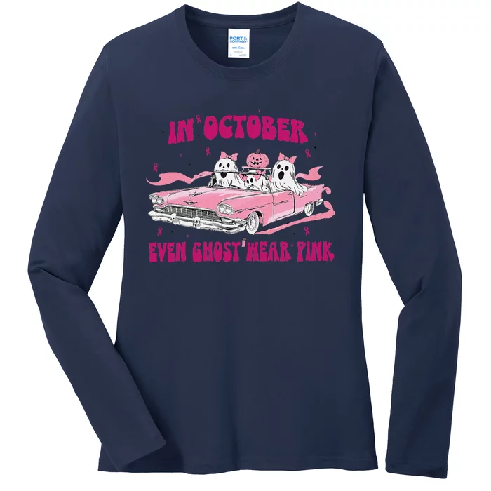 In October We Wear Pin.K Breast Cancer Women Ghost Halloween Ladies Long Sleeve Shirt