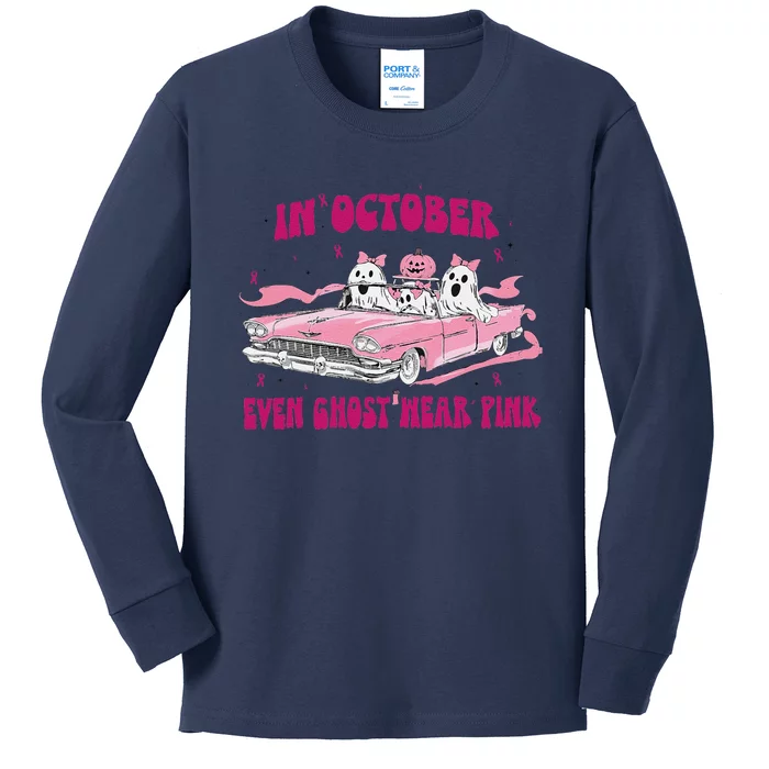 In October We Wear Pin.K Breast Cancer Women Ghost Halloween Kids Long Sleeve Shirt