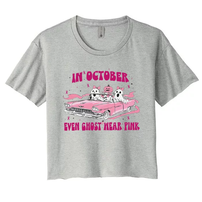 In October We Wear Pin.K Breast Cancer Women Ghost Halloween Women's Crop Top Tee