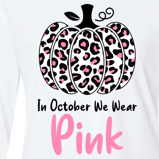 In October We Wear Pink Cheetah Pumpkin Breast Cancer Womens Cotton Relaxed Long Sleeve T-Shirt