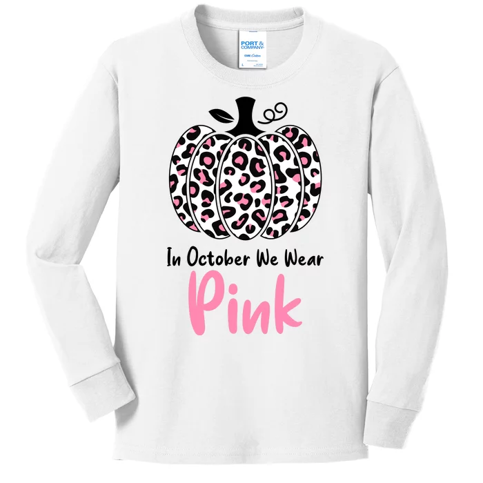 In October We Wear Pink Cheetah Pumpkin Breast Cancer Kids Long Sleeve Shirt