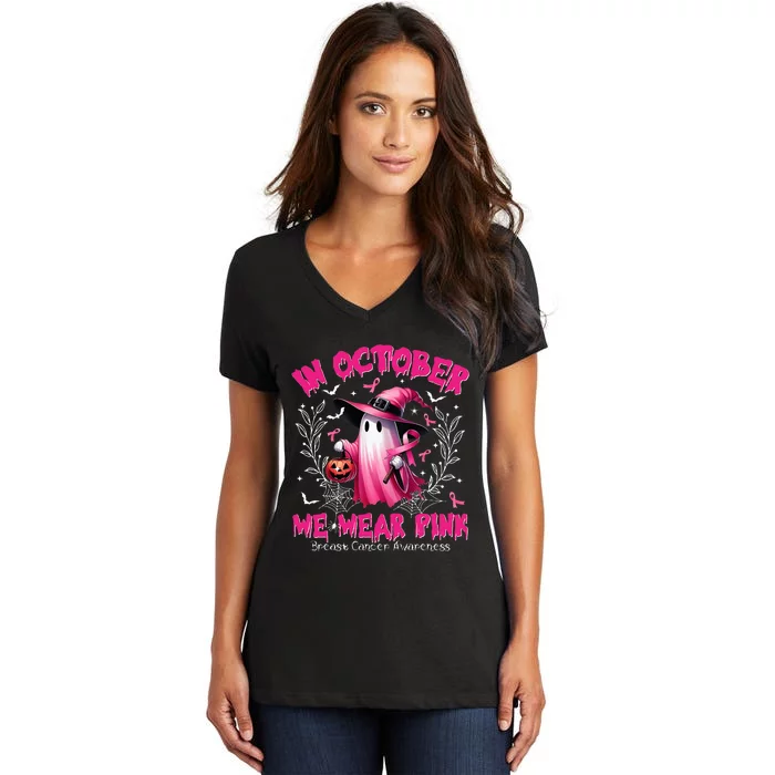 In October We Wear Ghost Witch Breast Cancer Awareness Women's V-Neck T-Shirt