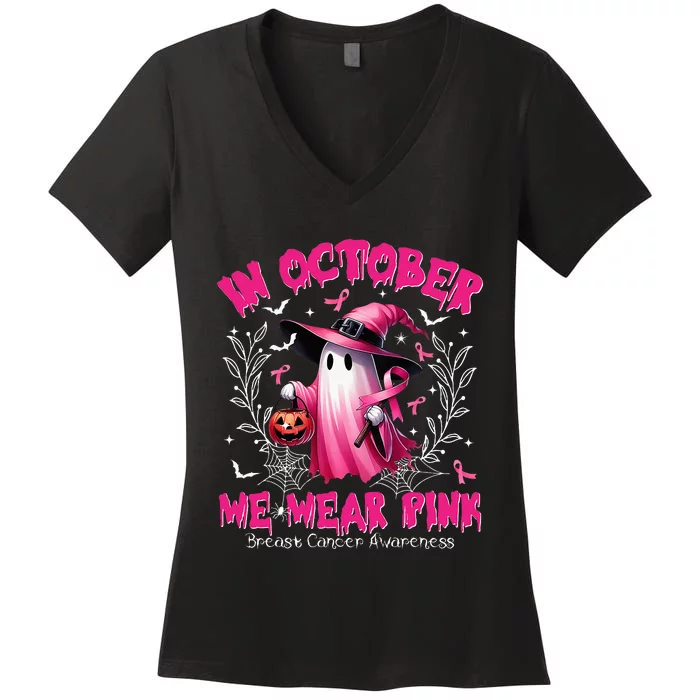 In October We Wear Ghost Witch Breast Cancer Awareness Women's V-Neck T-Shirt