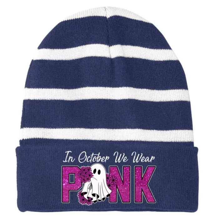 In October We Wear Pink Breast Cancer Awareness Halloween Striped Beanie with Solid Band