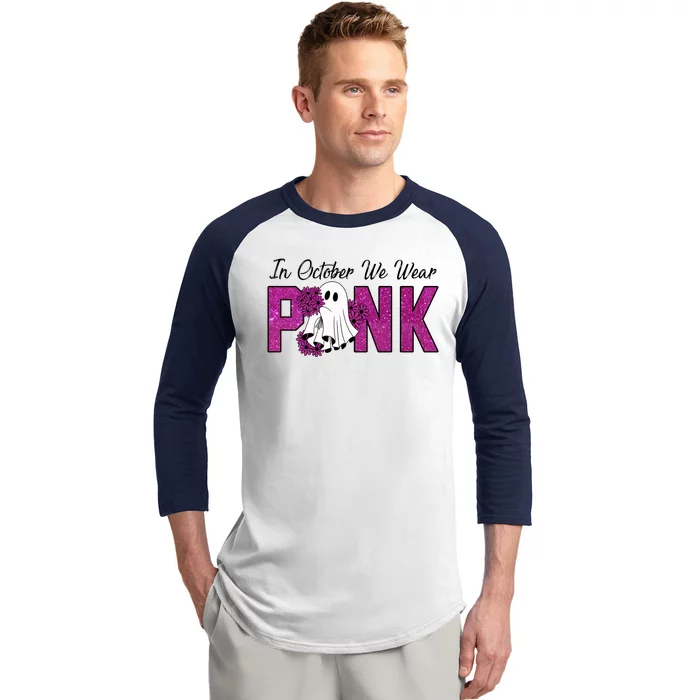 In October We Wear Pink Breast Cancer Awareness Halloween Baseball Sleeve Shirt