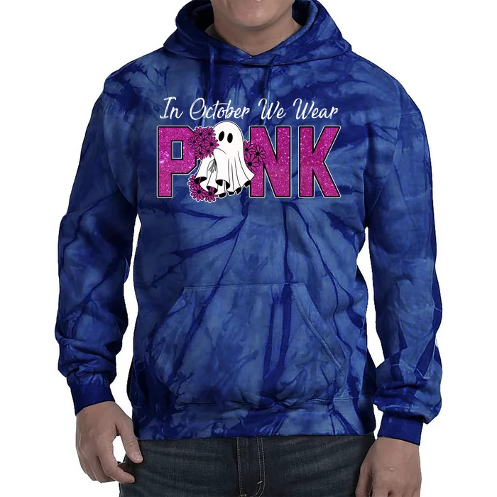 In October We Wear Pink Breast Cancer Awareness Halloween Tie Dye Hoodie