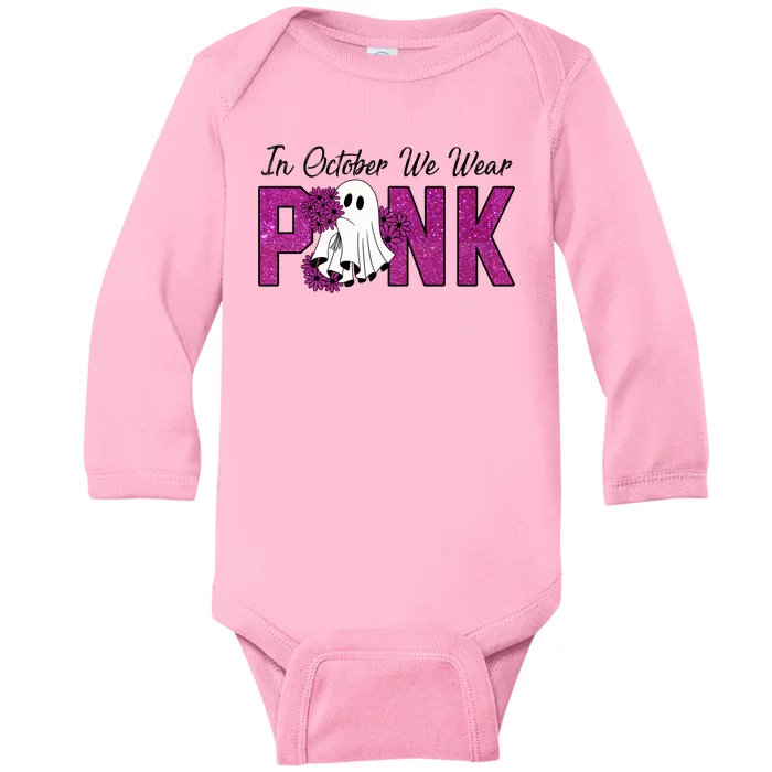 In October We Wear Pink Breast Cancer Awareness Halloween Baby Long Sleeve Bodysuit