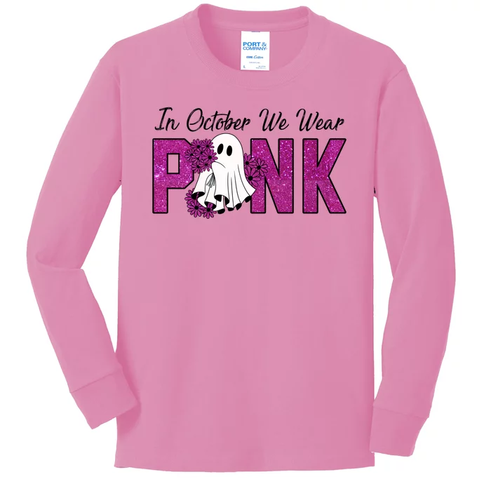 In October We Wear Pink Breast Cancer Awareness Halloween Kids Long Sleeve Shirt