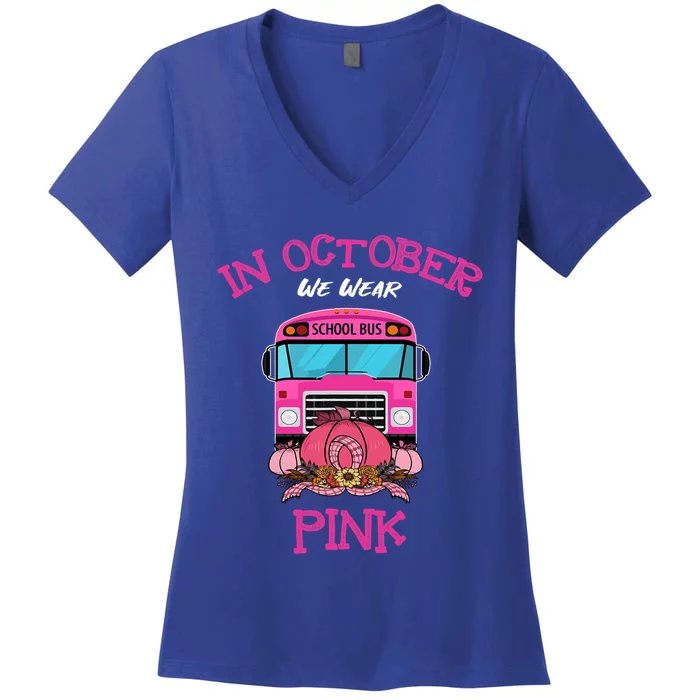 In October We Wear Pink Pumpkins School Bus Breast Cancer Gift Women's V-Neck T-Shirt