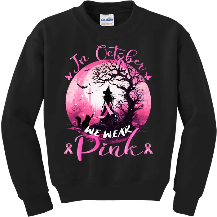 In October We Wear Pink Halloween Witch Breast Cancer Kids Sweatshirt